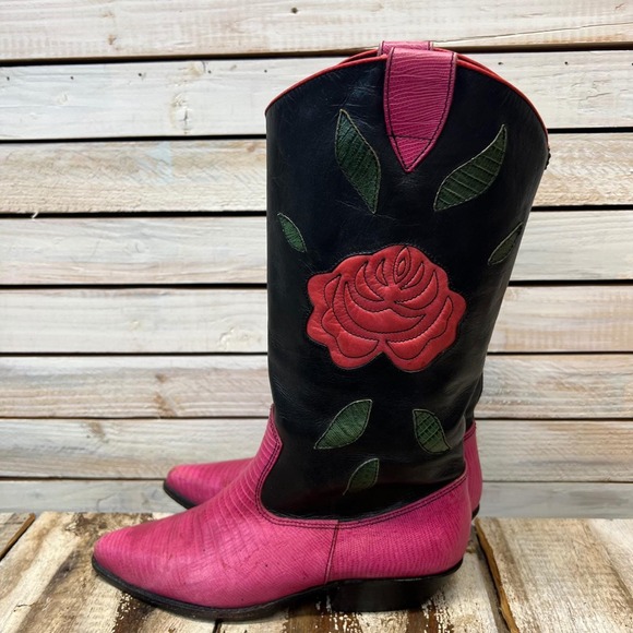 Nine West Shoes - Vintage Nine West Pink Black Leather Rose Western Cowboy Boots 8.5M